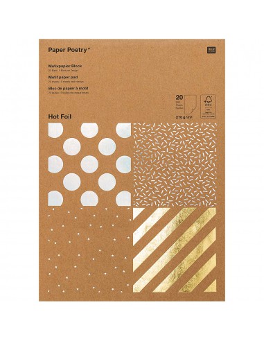 BLOC PAPIER KRAFT RAYURES - 20 feuilles foil or argent holo rose gold 270g/m2