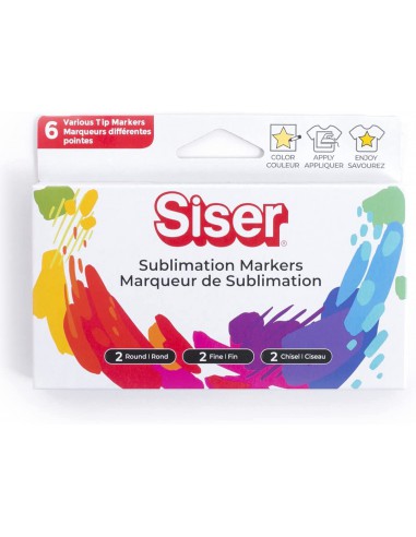 6 Feutres de Sublimation SISER - 2 Pointes biseautée, 2 Pointes pointes fines, 2 Pointes rondes - Couleurs Noir