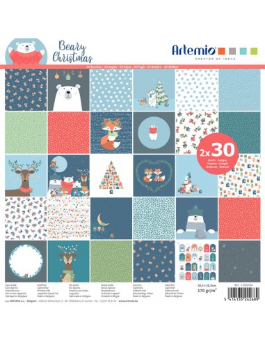 ASSORTIMENT DE 60 PAPIERS DÉCORÉS 30X30 - 170 gr/m² - ARTEMIO - BEARY CHRISTMAS