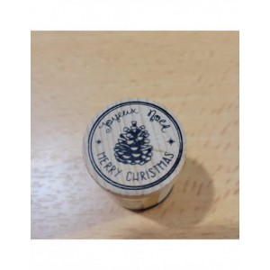 Tampon en bois rond de Noël - Joyeux Noël pomme de pin