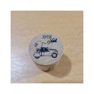 Tampon en bois rond de Noël - Joyeux Noël avec voiture et sapin