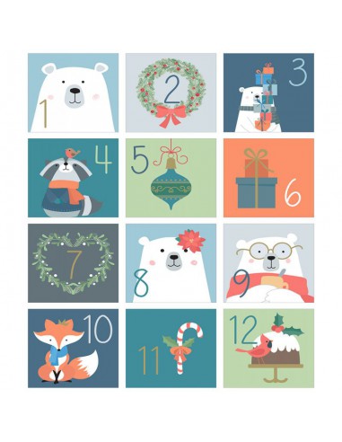 2 Planches d'autocollants carrés Calendrier de l'Avent Beary Christmas mesurant 21.5 cm x 16 cm