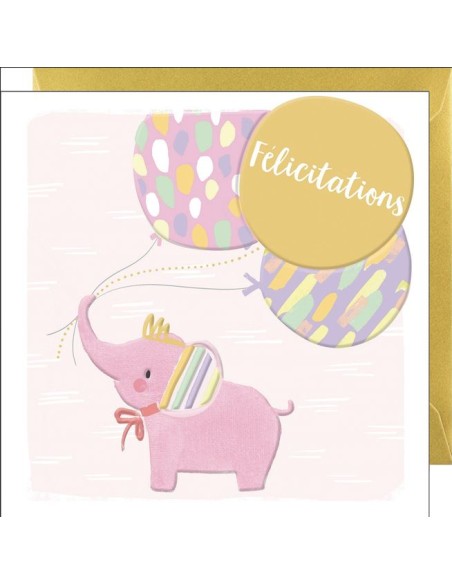 Carte double 10.5x10.5 + enveloppe dorée "Félicitations"