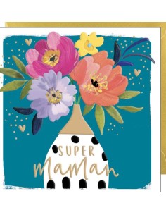 Carte double 10.5x10.5 + enveloppe dorée "Super maman"