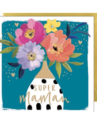Carte double 10.5x10.5 + enveloppe dorée "Super maman"