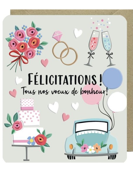 Carte double 10x12 + enveloppe "FELICITATIONS ! Tous nos vœux de bonheur! mariage"