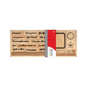 Coffret en bois personnalisable :  20 tampons bois thème Ecole