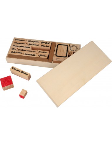 Coffret en bois personnalisable :  20 tampons bois thème Ecole