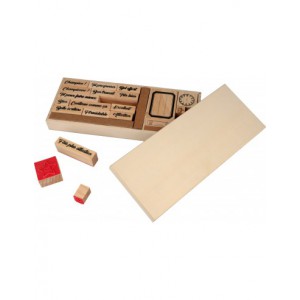Coffret en bois personnalisable :  20 tampons bois thème Ecole