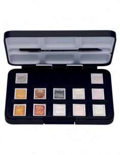 Peinture aquarelle set 12 couleurs en godets + 1 pinceau, boîte en plastique - metallic & interference 2