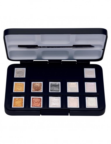 Peinture aquarelle set 12 couleurs en godets + 1 pinceau, boîte en plastique - metallic & interference