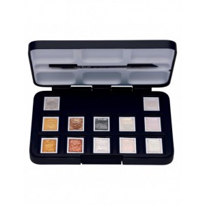 Peinture aquarelle set 12 couleurs en godets + 1 pinceau, boîte en plastique - metallic & interference
