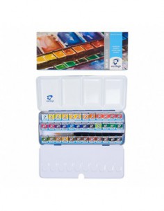 Peinture aquarelle set 36 couleurs en godets + 1 pinceau, boîte en métal