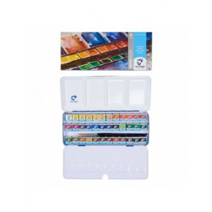 Peinture aquarelle set 36 couleurs en godets + 1 pinceau, boîte en métal