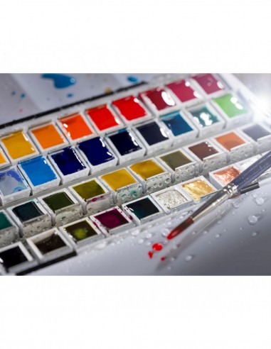 Peinture aquarelle set 36 couleurs en godets + 1 pinceau, boîte en métal
