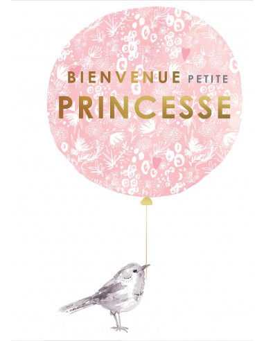 Carte double + enveloppe - Ballon oiseau rose foil doré - naissance