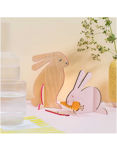 set de 2 lapins en bois brut emboitables 3D à décorer