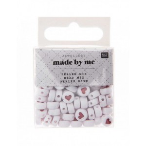 perles COEURS, RONDS, BLANC/ coeur rouge