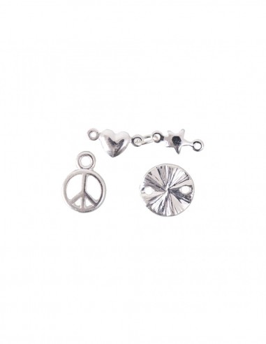 PENDENTIF MIX - coeur, étoile, peace & love - rond, métal argenté de qualité supérieure